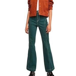Free People Foxy Flare Jeans Green High Rise Contrast Stitch Wide Leg Size 29
